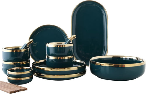 24 Piece Bone China Dinner Set Gold Rim Green Plates Bowls Microwave Safe
