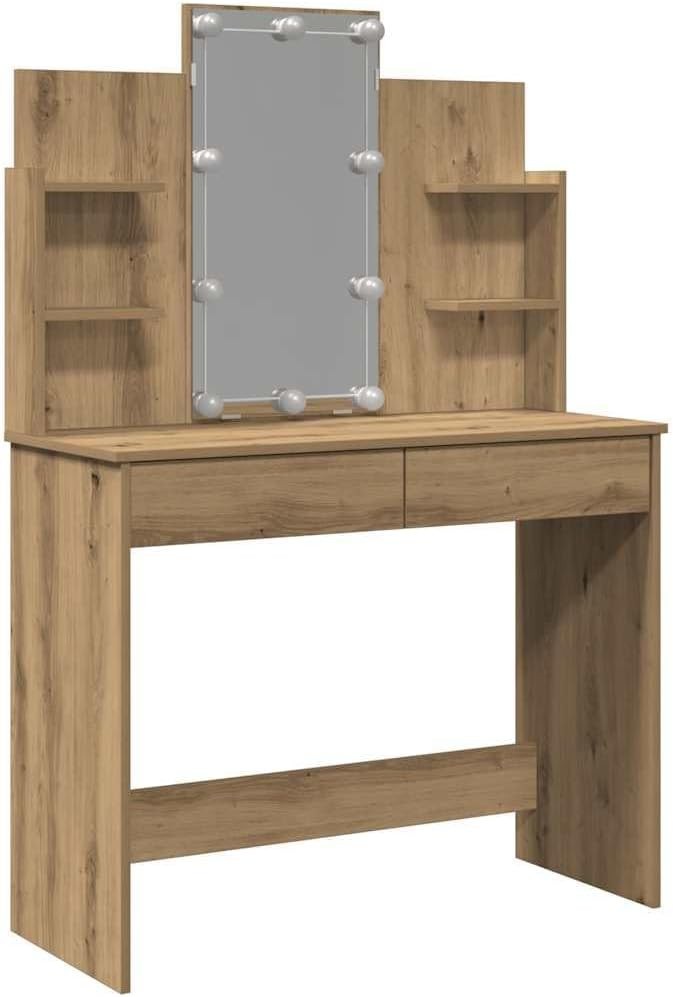 Modern Makeup Vanity Desk Set with Mirror & LED Lights Bedroom Artisan Oak