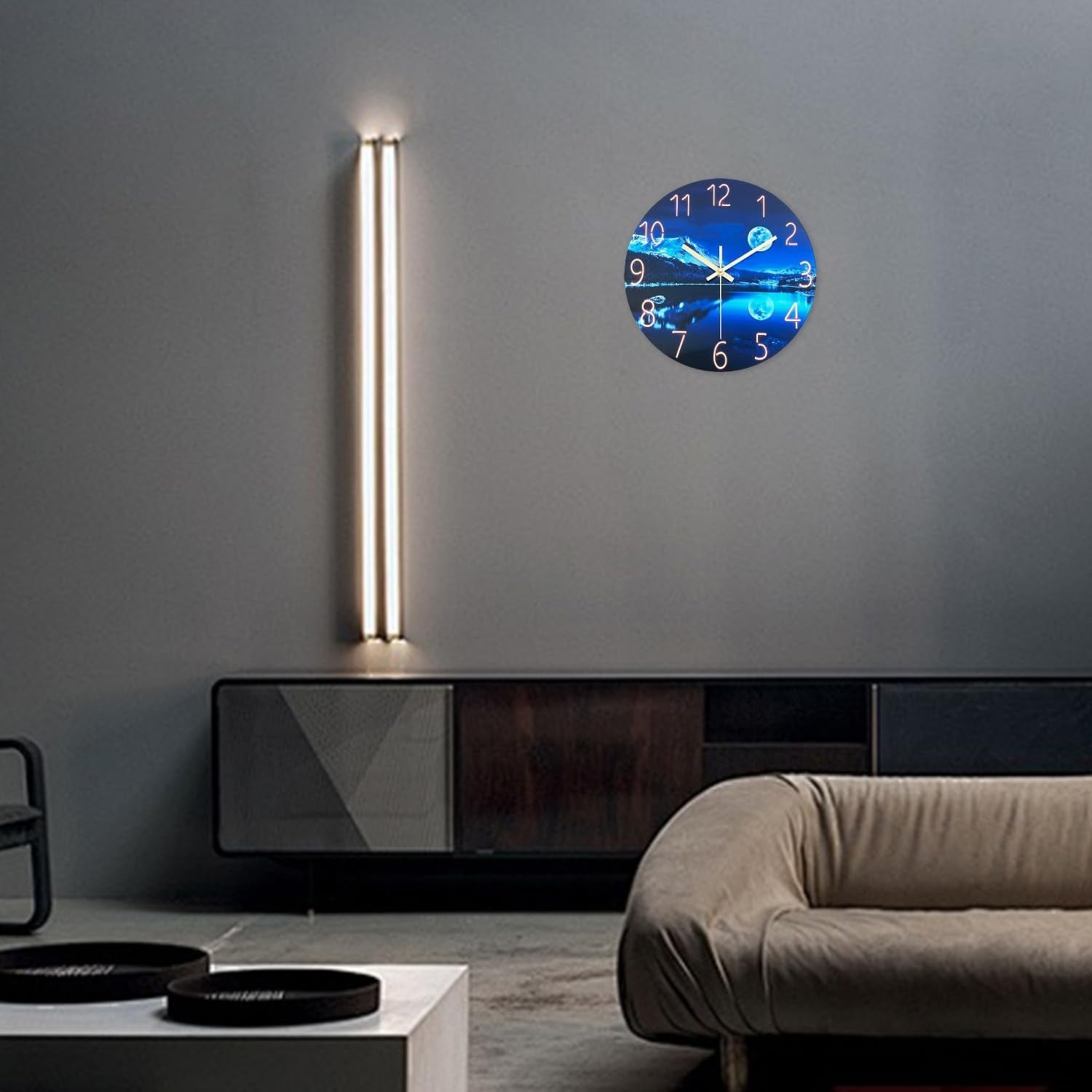 Blue Moon 12" Glass Wall Clock Silent Non-Ticking Modern Bedroom Decor