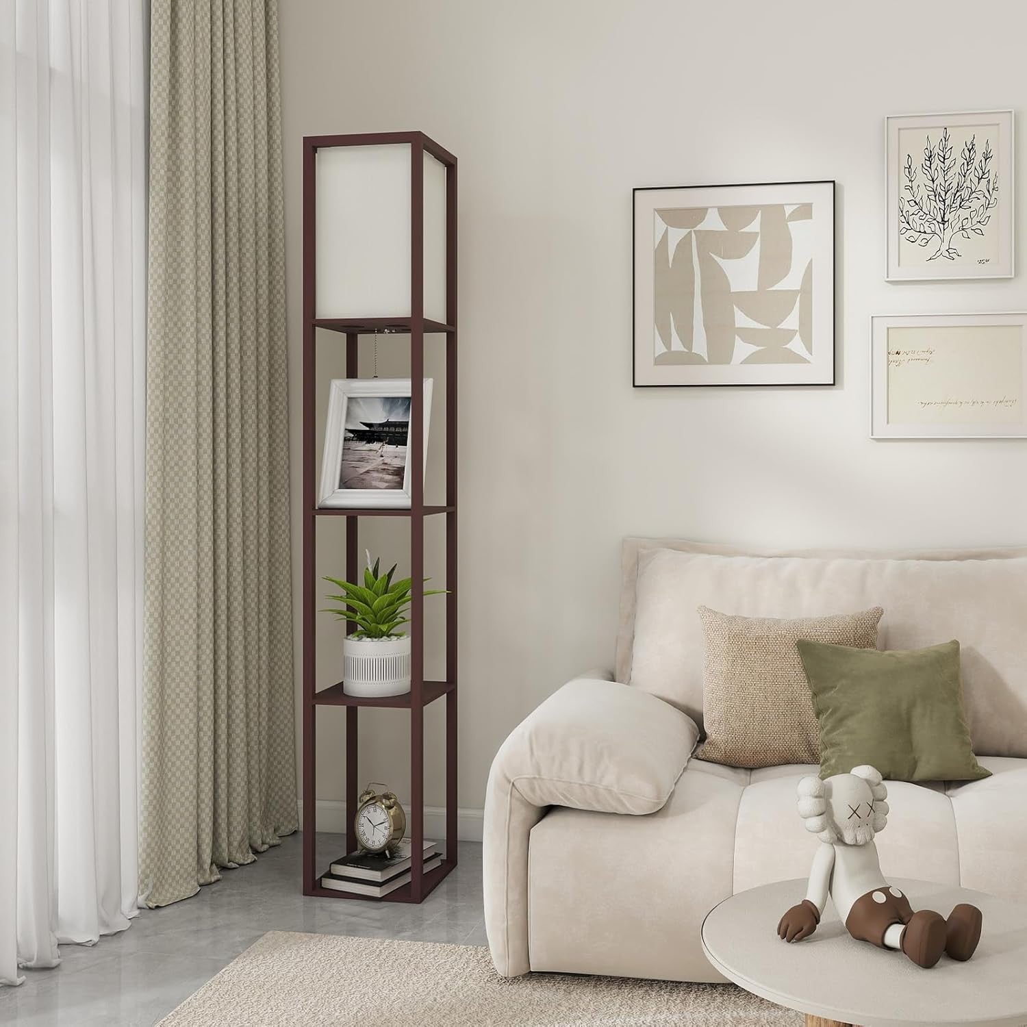 Floor Lamp with Shelves Wooden Storage Standing Light Reading Lamp Modern