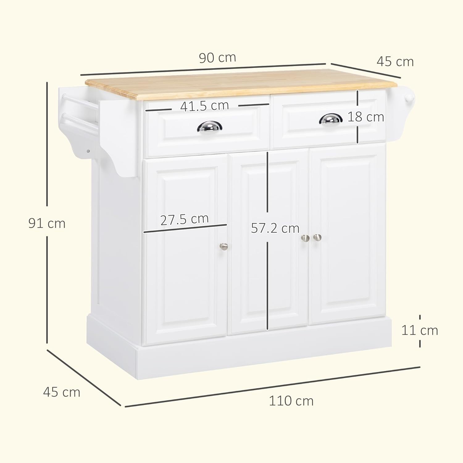 Kitchen Island Trolley with Drawers & Adjustable Shelf White 110x45x90cm