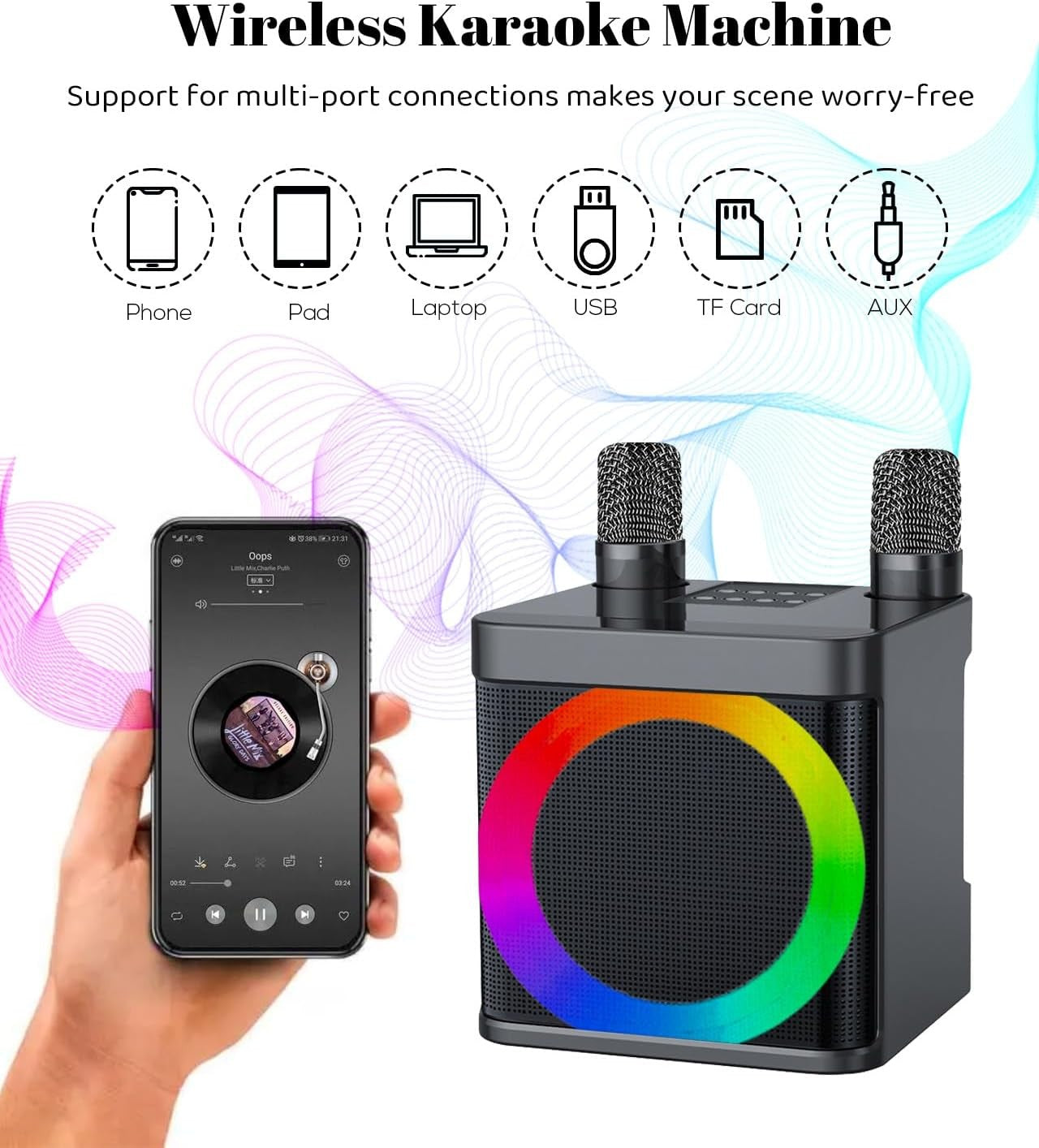 Portable Bluetooth Karaoke Machine PA Speaker 2 Wireless Mics