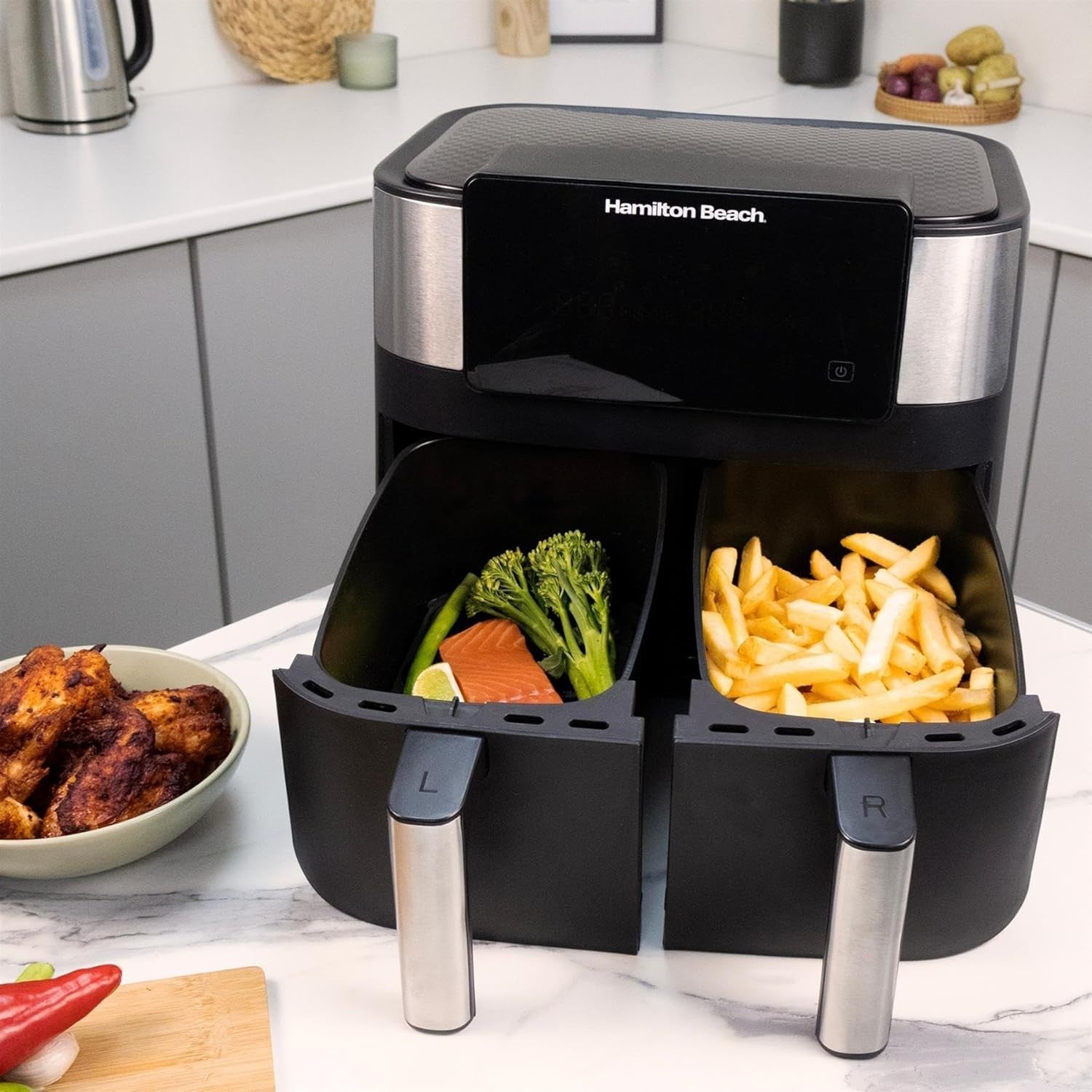 8L Dual Drawer Air Fryer Sync Finish 6 Presets 8 Portions Low Oil Fast