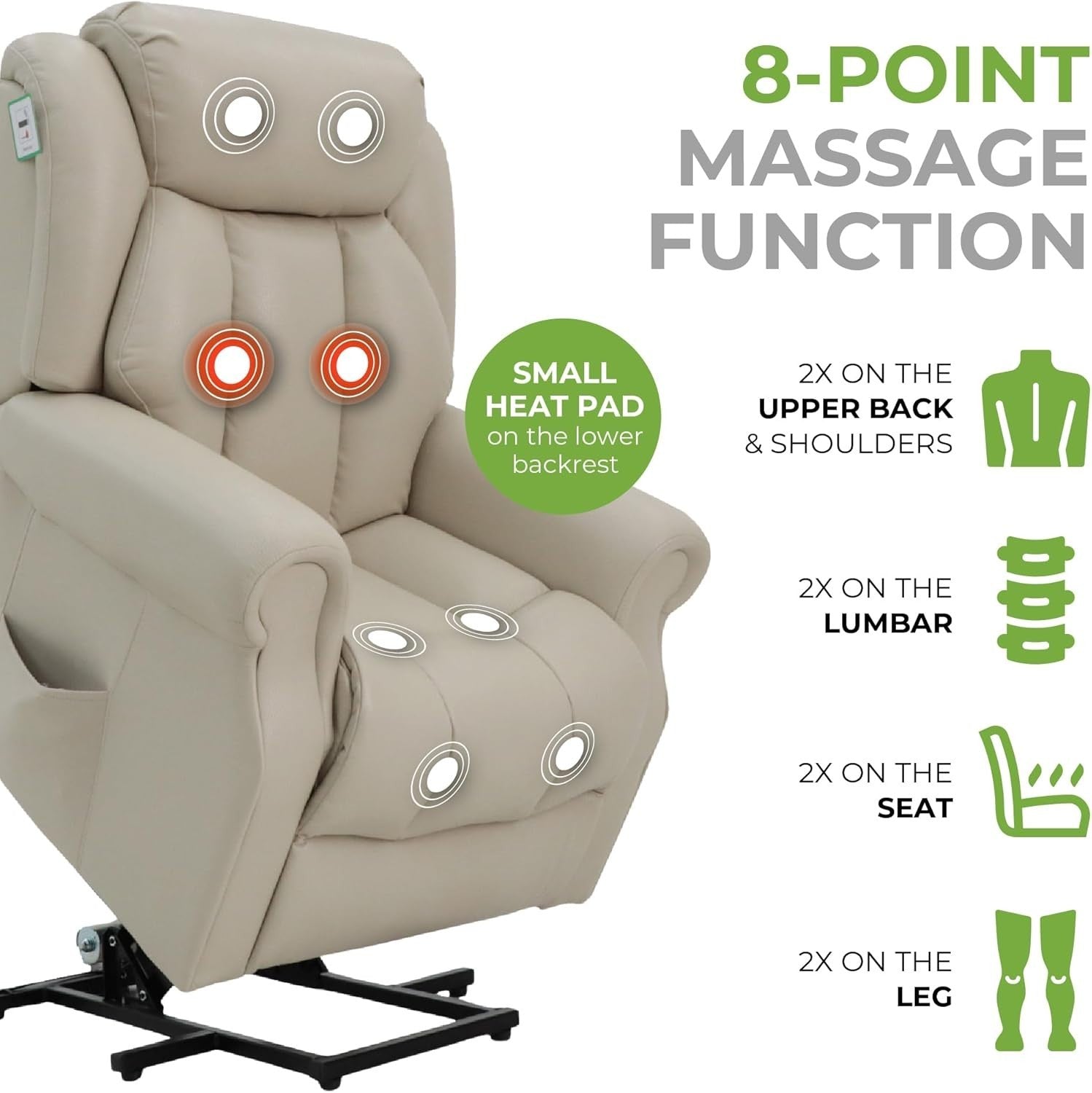 Dual Motor Lift Recliner Chair Heat Massage Leather Riser Mobility Support Cream