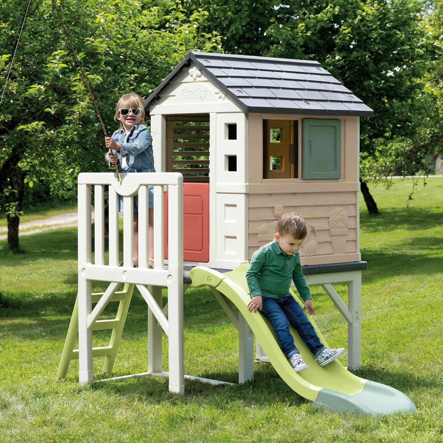Kids Playhouse on Stilts Indoor Outdoor w Slide Windows Garden