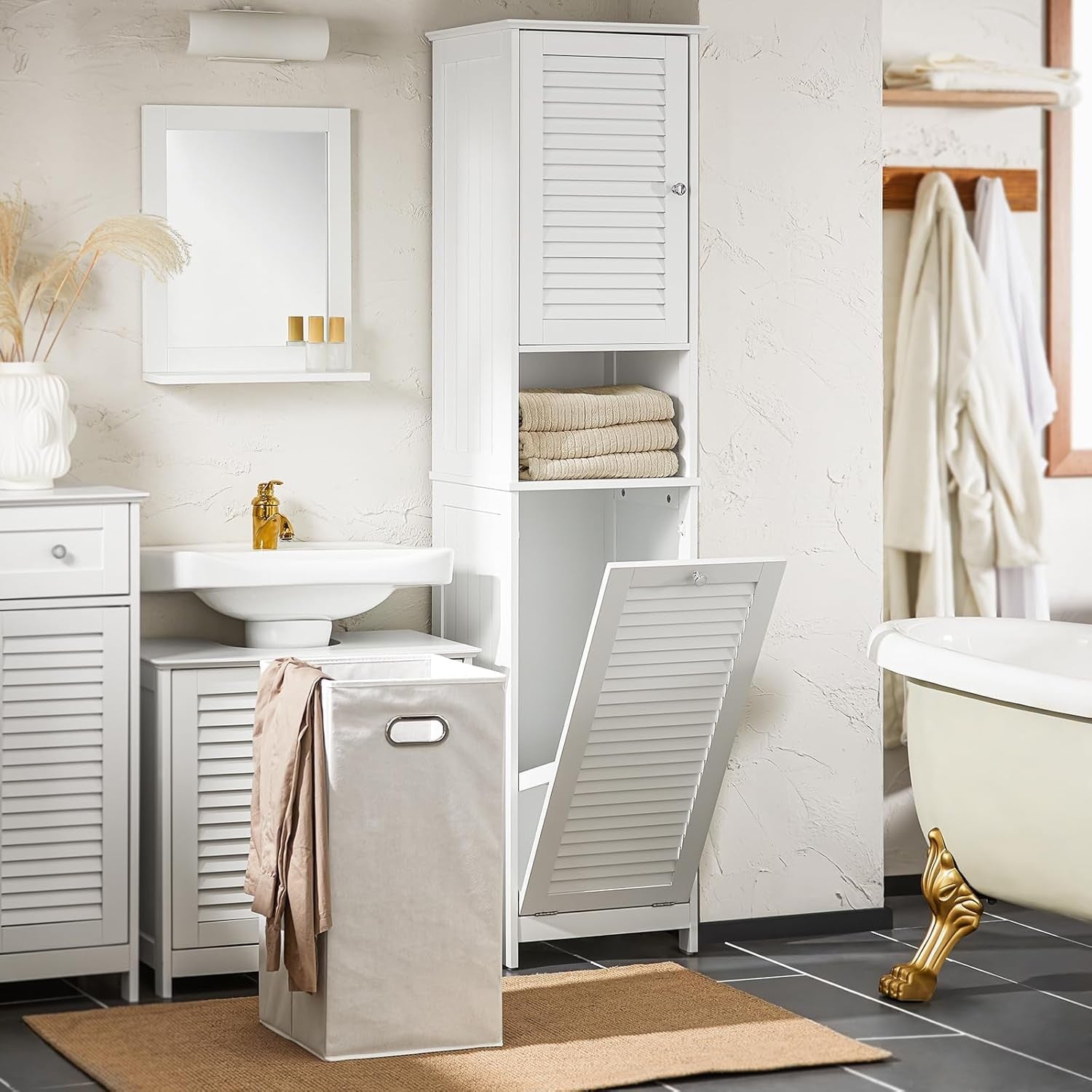 Tall Bathroom Storage Cabinet with Laundry Basket Slim Freestanding White Unit