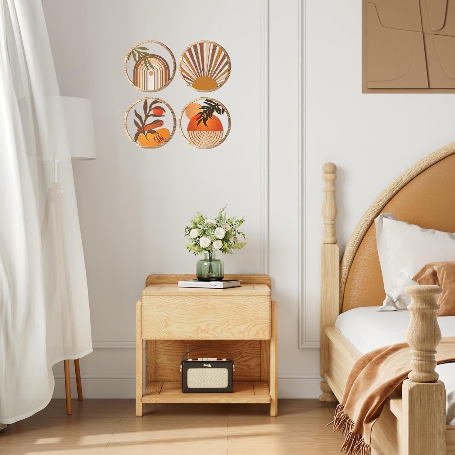 4pcs Boho Wooden Wall Art Round Hollow Decor 20cm
