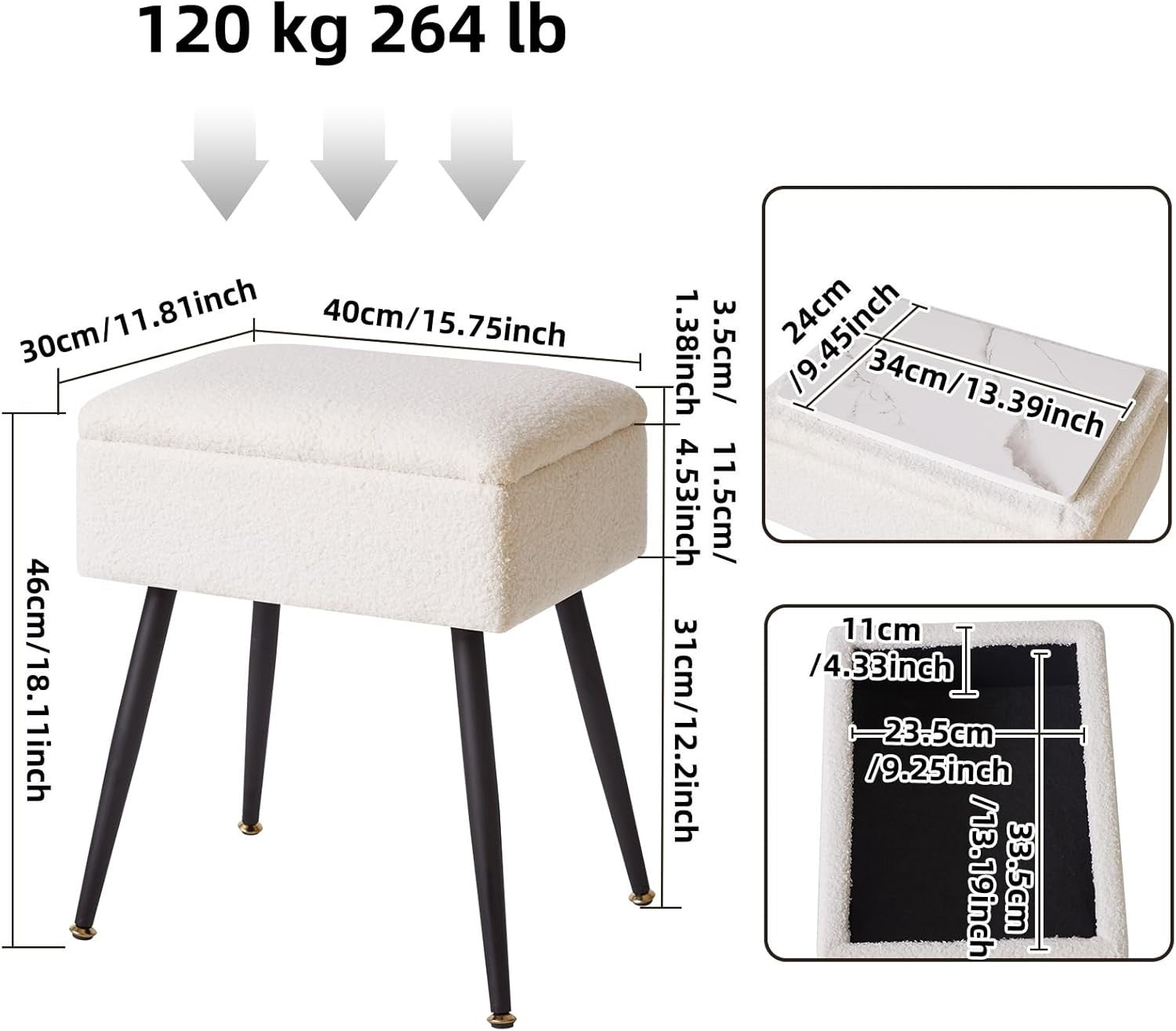 Warm White Teddy Fur Vanity Stool with Storage – Rectangular Makeup Chair