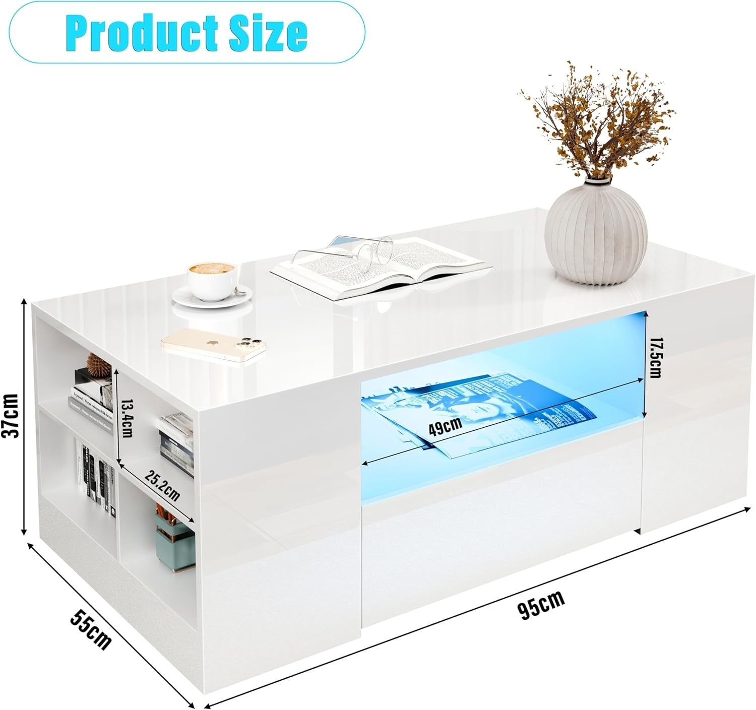 Blisswood LED Coffee Table with 2 Drawers, High Gloss Grey & RGB Lights