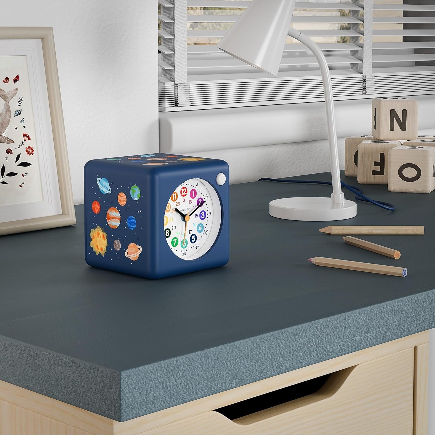 Children’s Silent Alarm Clock Night Light Snooze Space Cube Blue