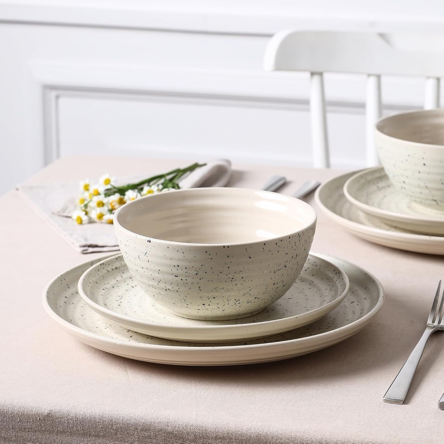 4pc Stoneware Cereal Bowls White Scratch Resistant Microwave Dishwasher Safe