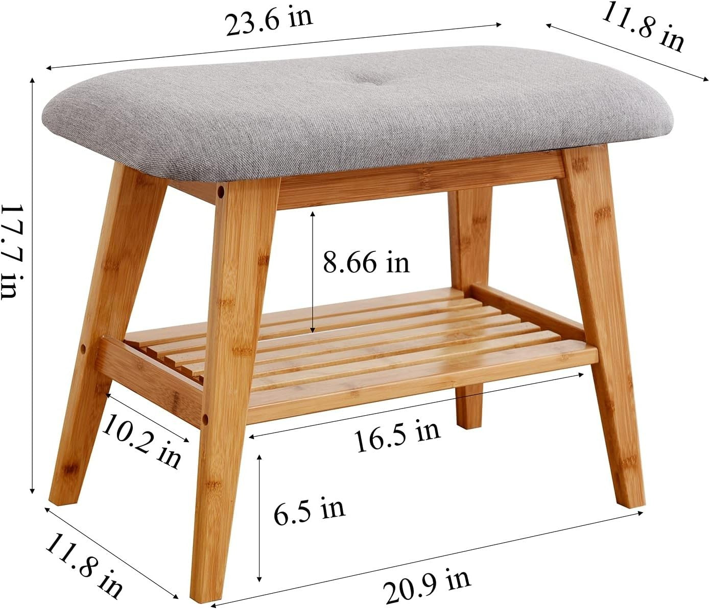 Compact Bamboo Shoe Bench with Cushion & 2-Tier Storage Rack 60cm Nature