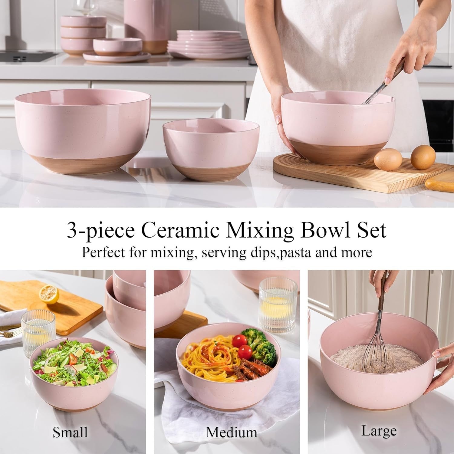 3-Piece Ceramic Mixing Bowls Set Nesting Kitchen Bowls 1.3-4.6 Qt