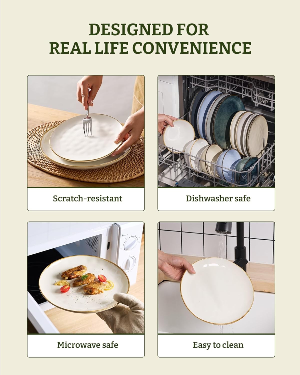 12pc Stoneware Dinnerware Set Plates Bowls Beige Service for 4