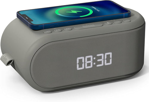 Grey Wireless Charging Alarm Clock Bluetooth Speaker FM Radio Dual Alarm