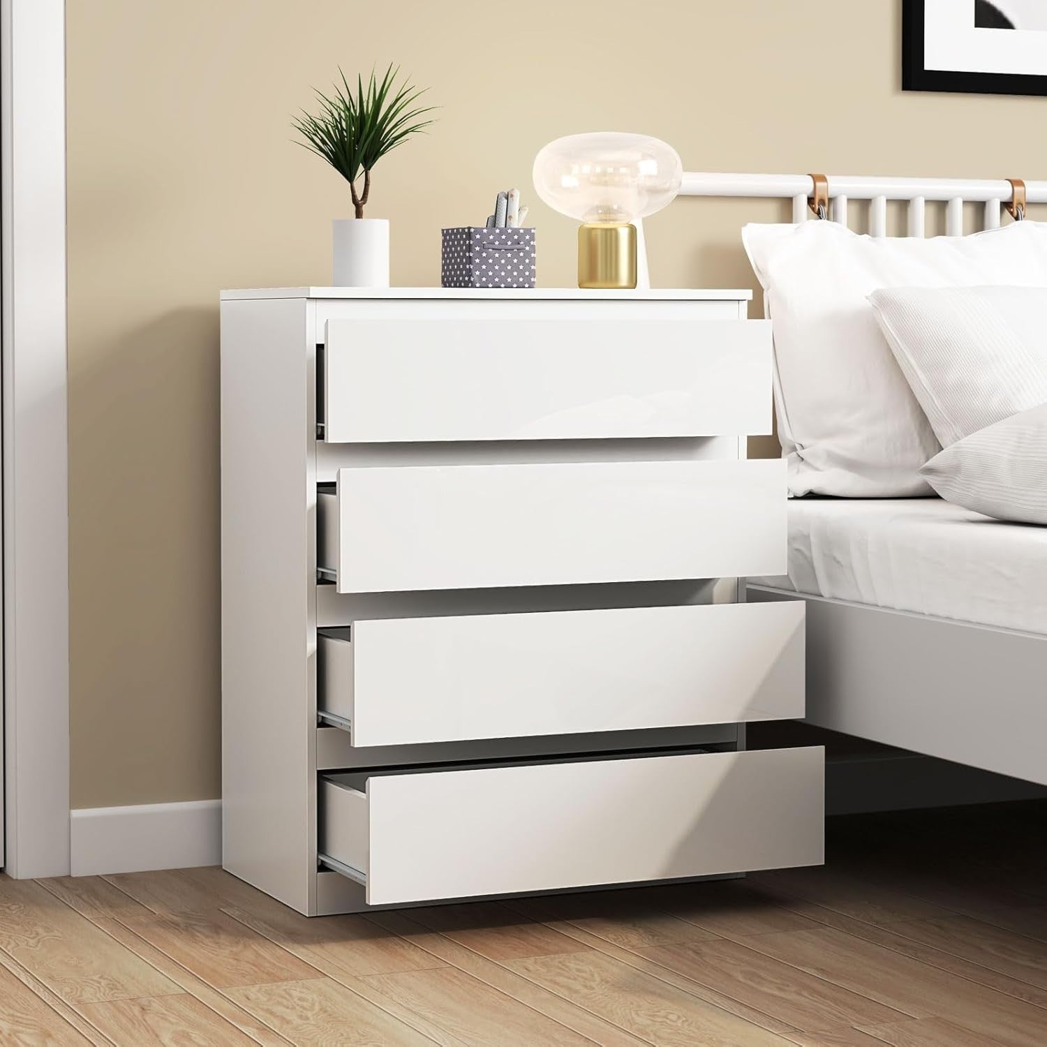 White High Gloss 4 Drawer Chest Modern Storage Unit for Bedroom 70x89cm