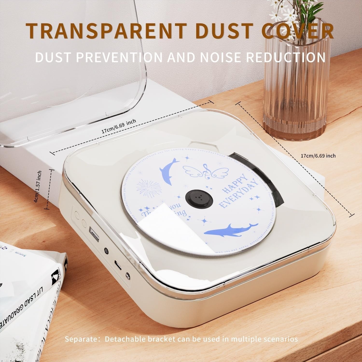 Portable CD Player Bluetooth Speakers USB Transparent Lid Compact White