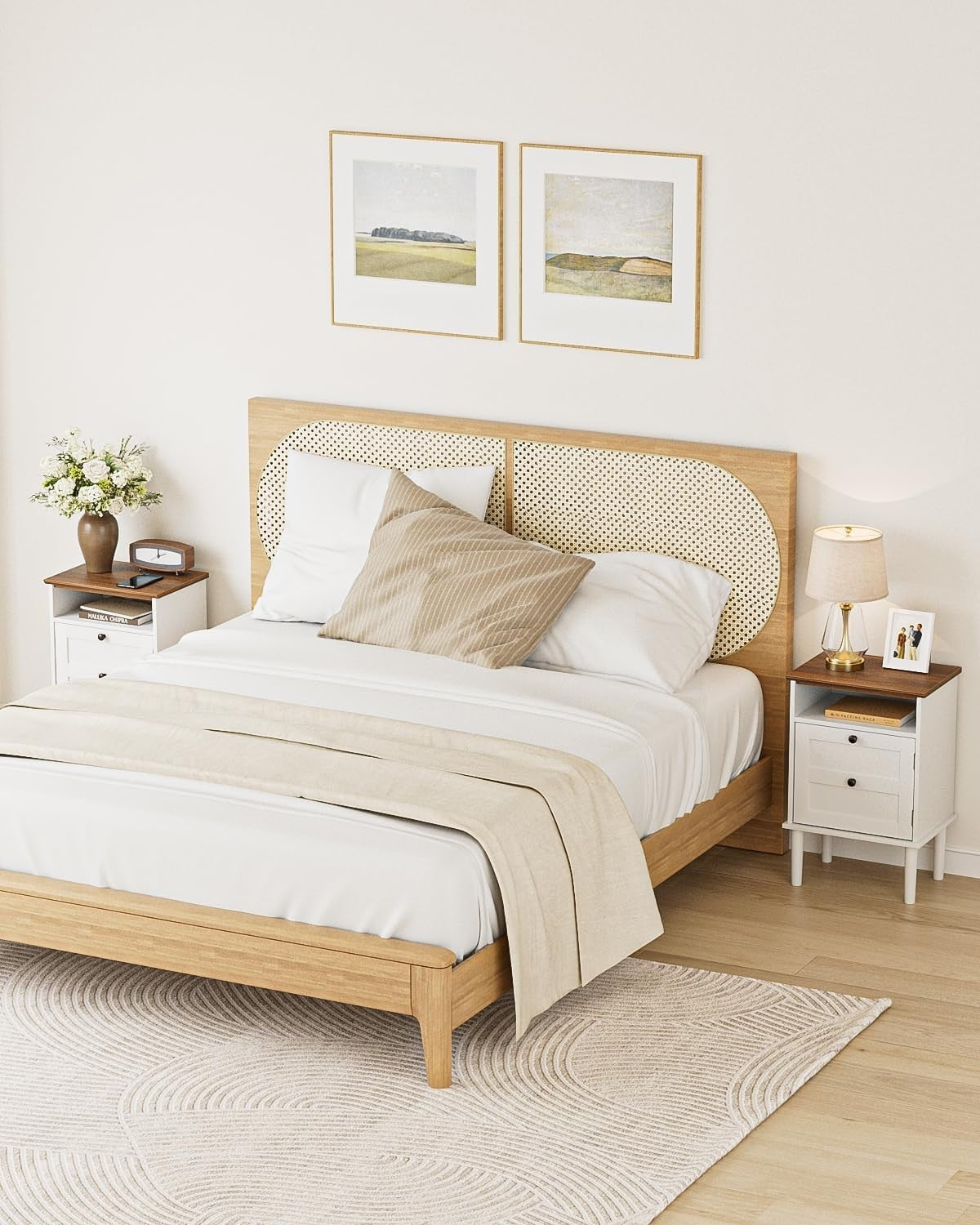 Wooden Bedside Table with Door & Shelf – White Farmhouse Nightstand 39x29x60cm