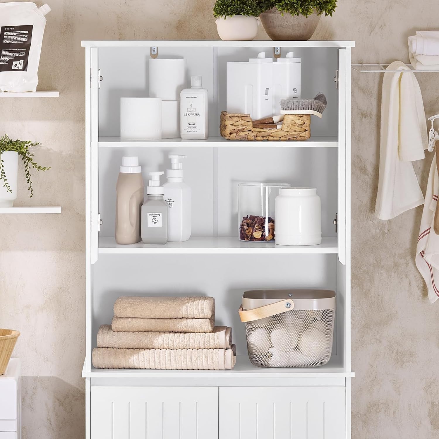 Tall Bathroom Storage Cabinet with Laundry Basket White Unit Doors Shelves 170cm