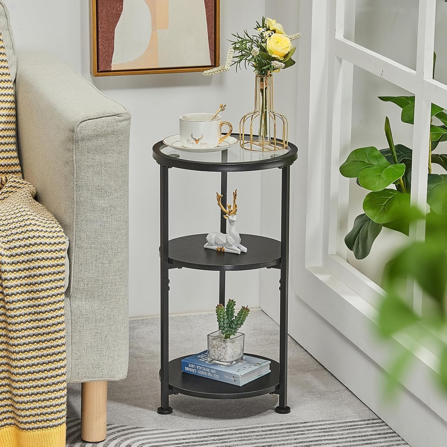 Modern 3-Tier Round Side Table with Tempered Glass, Storage, 30x30x55cm