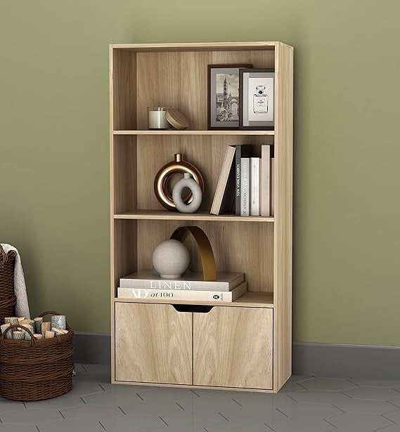 Modern Oak 4-Tier Wide Bookcase with Storage Cupboard – Wooden Shelf Unit