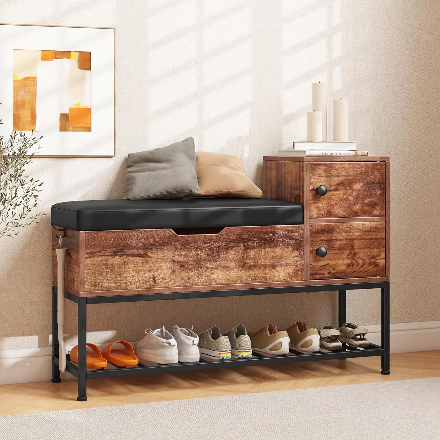 Rustic Shoe Storage Bench with Cushion, Flip-Top Chest & 2-Door Cabinet