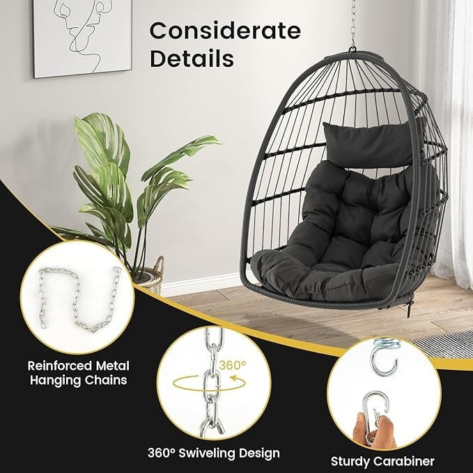 Foldable Hanging Egg Chair with Cushion & Pillow – Indoor Outdoor Swing Seat
