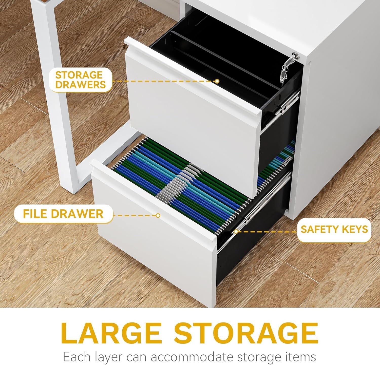 White Mobile Filing Cabinet 2 Drawer Lockable Anti Tip Under Desk