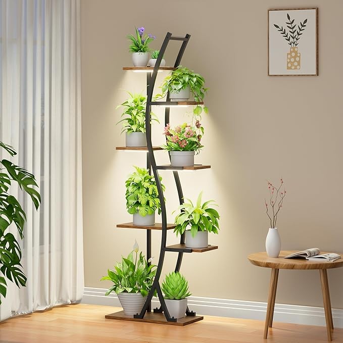 7 Tier Metal Plant Stand with Grow Light Indoor Outdoor Corner Tall Flower Shelf