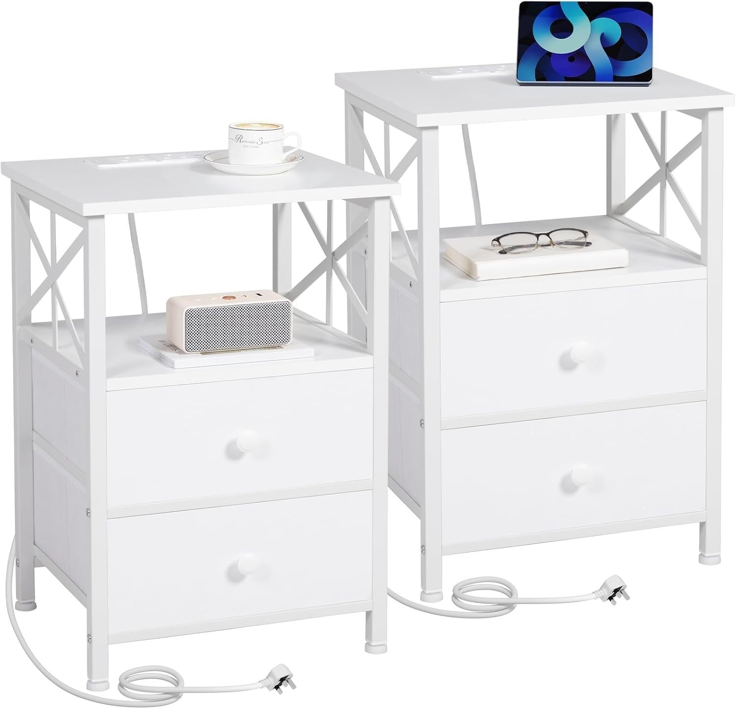 Set of 2 White Bedside Tables with USB Ports & Fabric Drawers