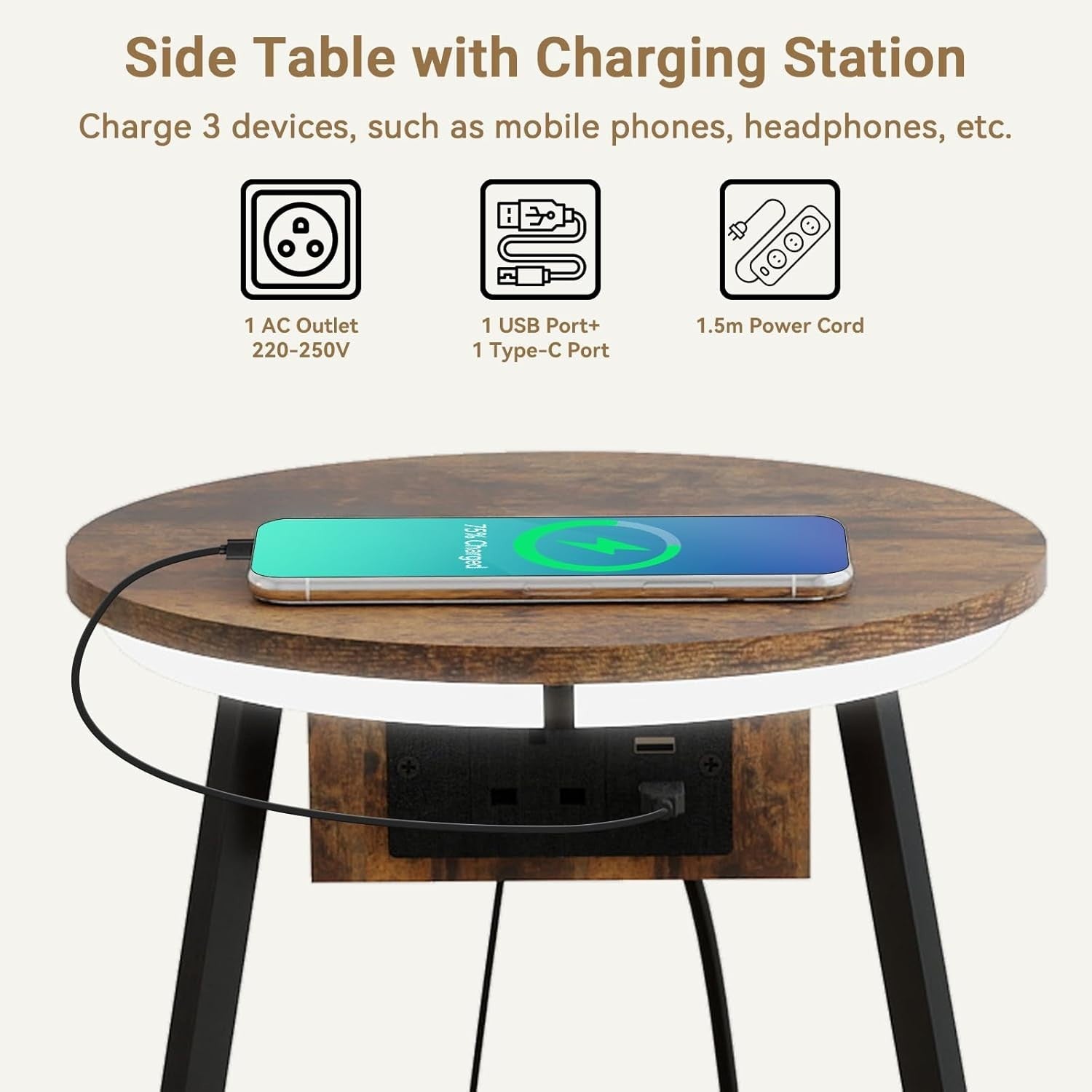 Round Side Table with Charging Station, 3-Color LED & 3-Tier Storage Shelf