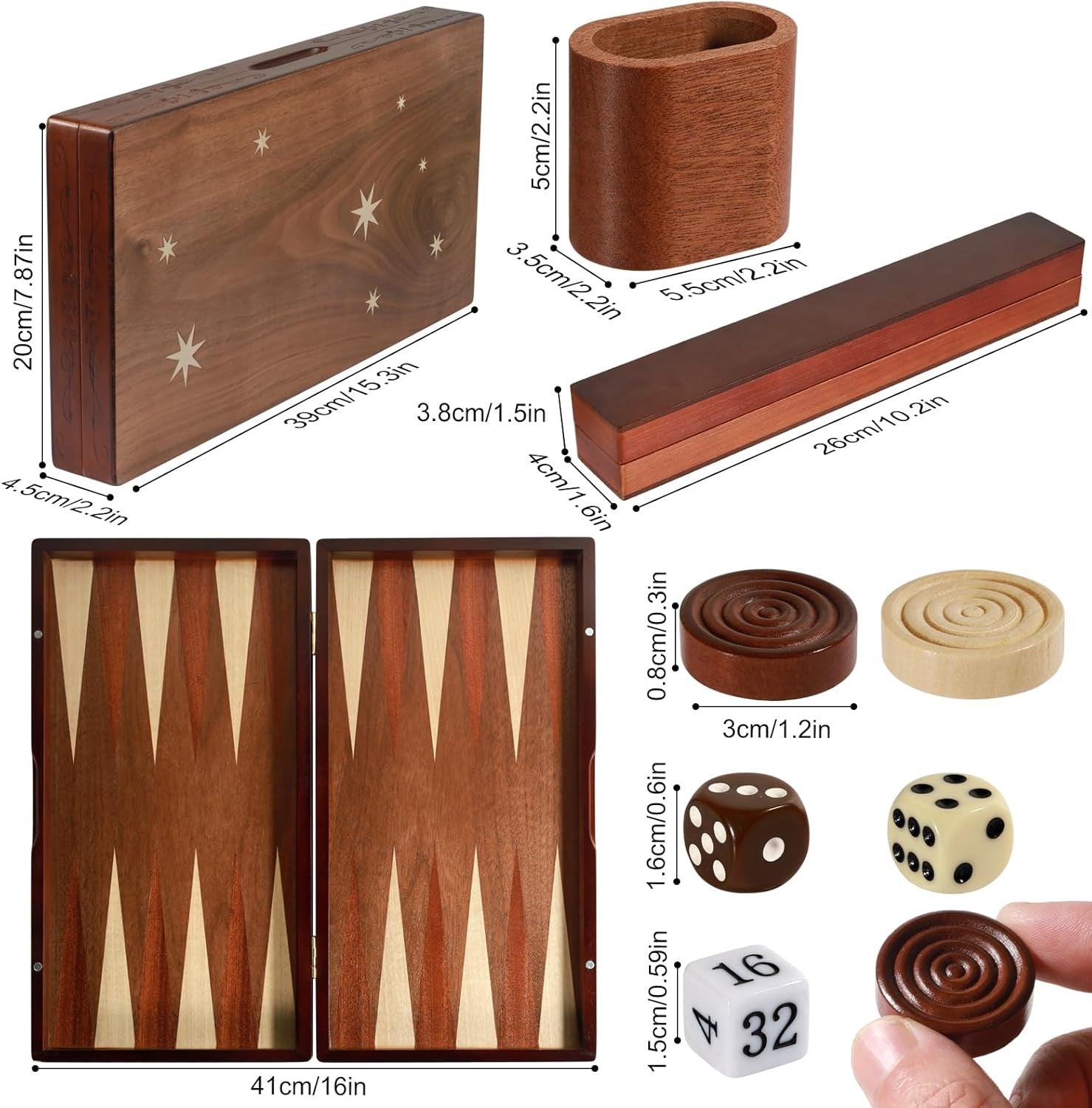 Large Wooden Backgammon Set 16” Folding Travel Board Luxury Strategy Game