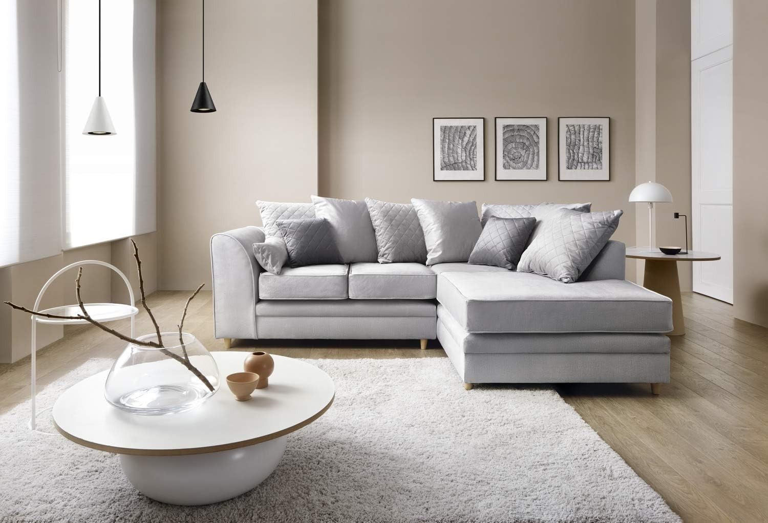 Light Grey Right Hand L Shape Corner Sofa Velvet Water Repellent Plush Comfort