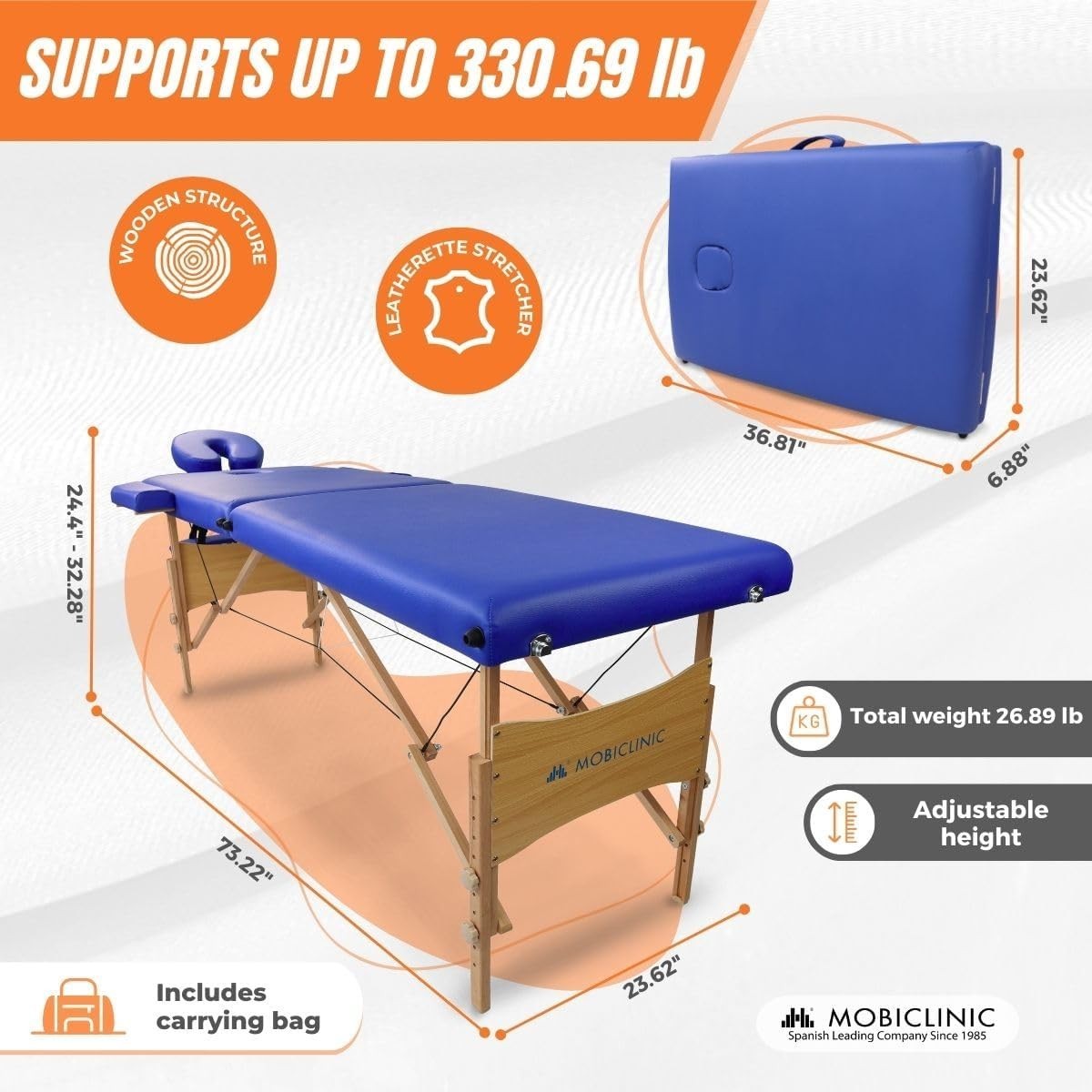 Portable Wooden Massage Table Foldable Adjustable Physiotherapy Bed Blue