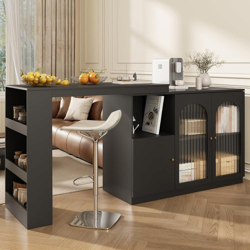 Mobile Kitchen Island with 360° Rotation, Glass Doors & Storage Cabinet, Black