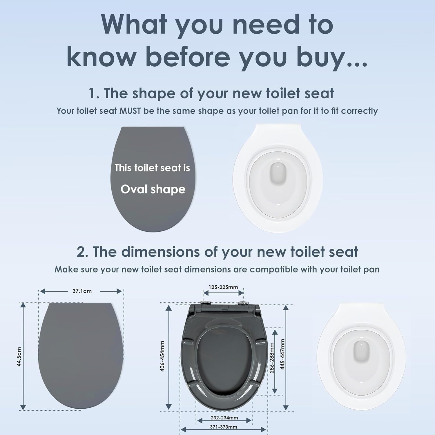 Grey Oval Toilet Seat Thermoplastic Quick Release Top & Bottom Fix 44.5x37cm