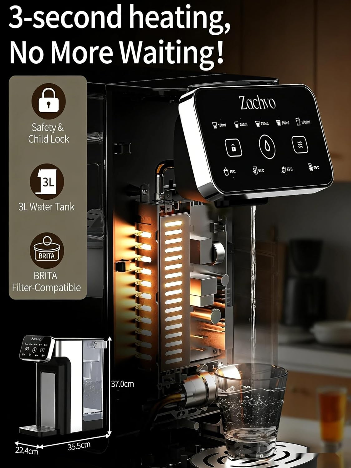 Instant Hot Water Dispenser 2600W 3L Tank Adjustable Temp Volume Child Lock
