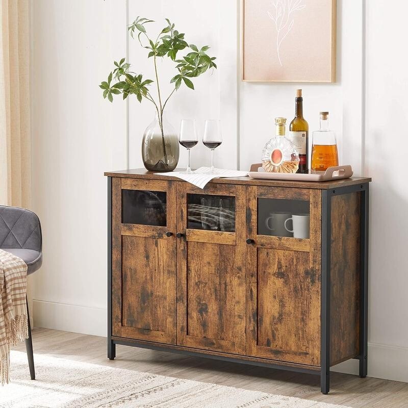 Rustic Sideboard Storage Cabinet with Glass Doors Industrial Buffet Unit