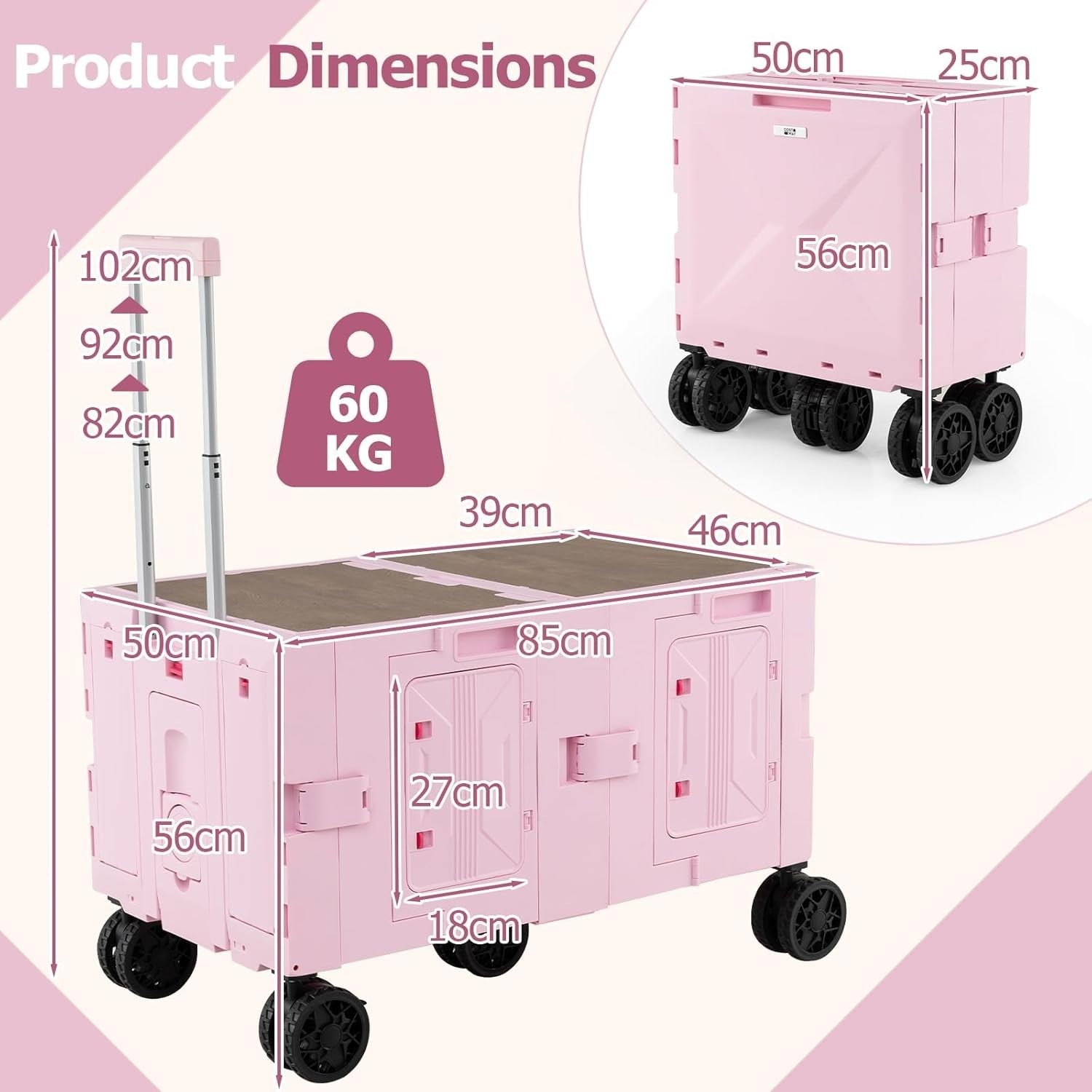 Pink 150L Folding Shopping Trolley Collapsible Wagon Cart w/ Telescopic Handle