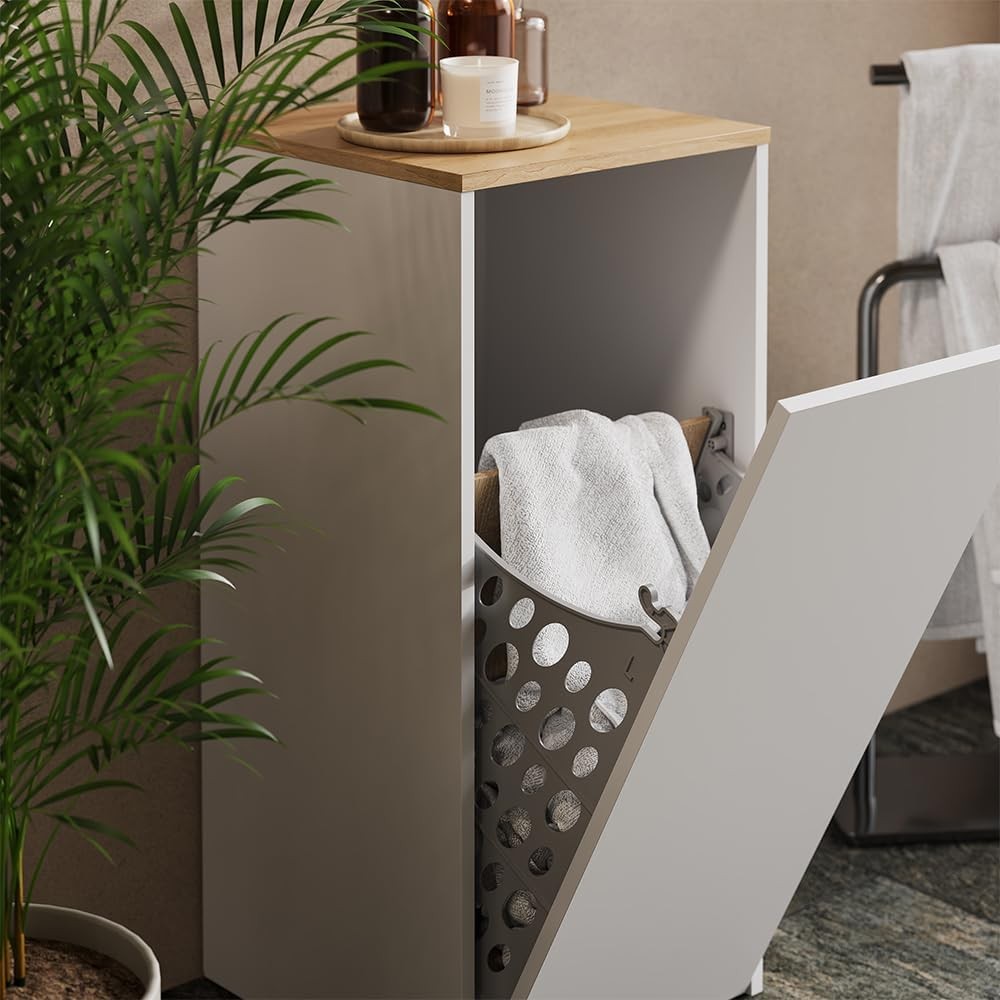 Bathroom Laundry Cabinet With Tilt Out Basket Slim Storage Unit White Wood