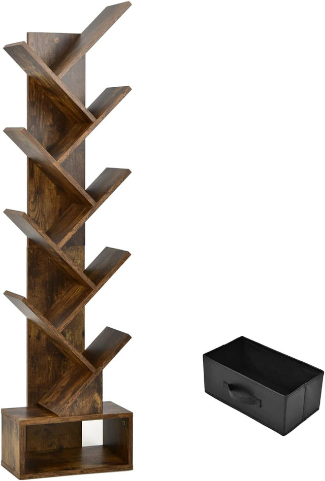 10 Tier Tree Bookshelf Tall Wooden Display Rack Freestanding Storage Unit Brown