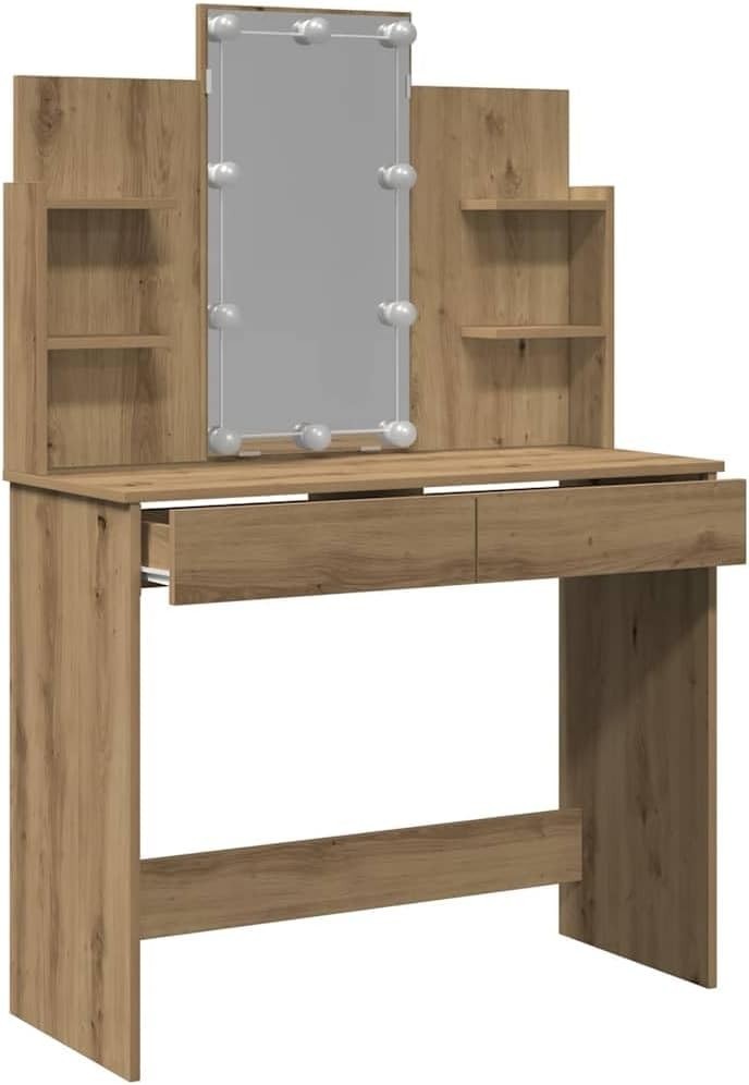 Modern Makeup Vanity Desk Set with Mirror & LED Lights Bedroom Artisan Oak