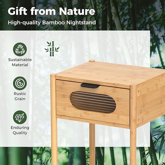 Modern Bamboo Bedside Table with Drawer & Glass Front – Compact Accent