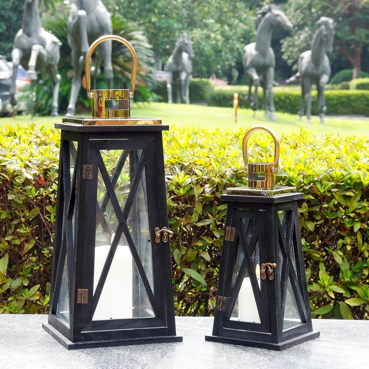 Set of 2 Farmhouse Wooden Lanterns Black Rustic Candle Holders 55cm