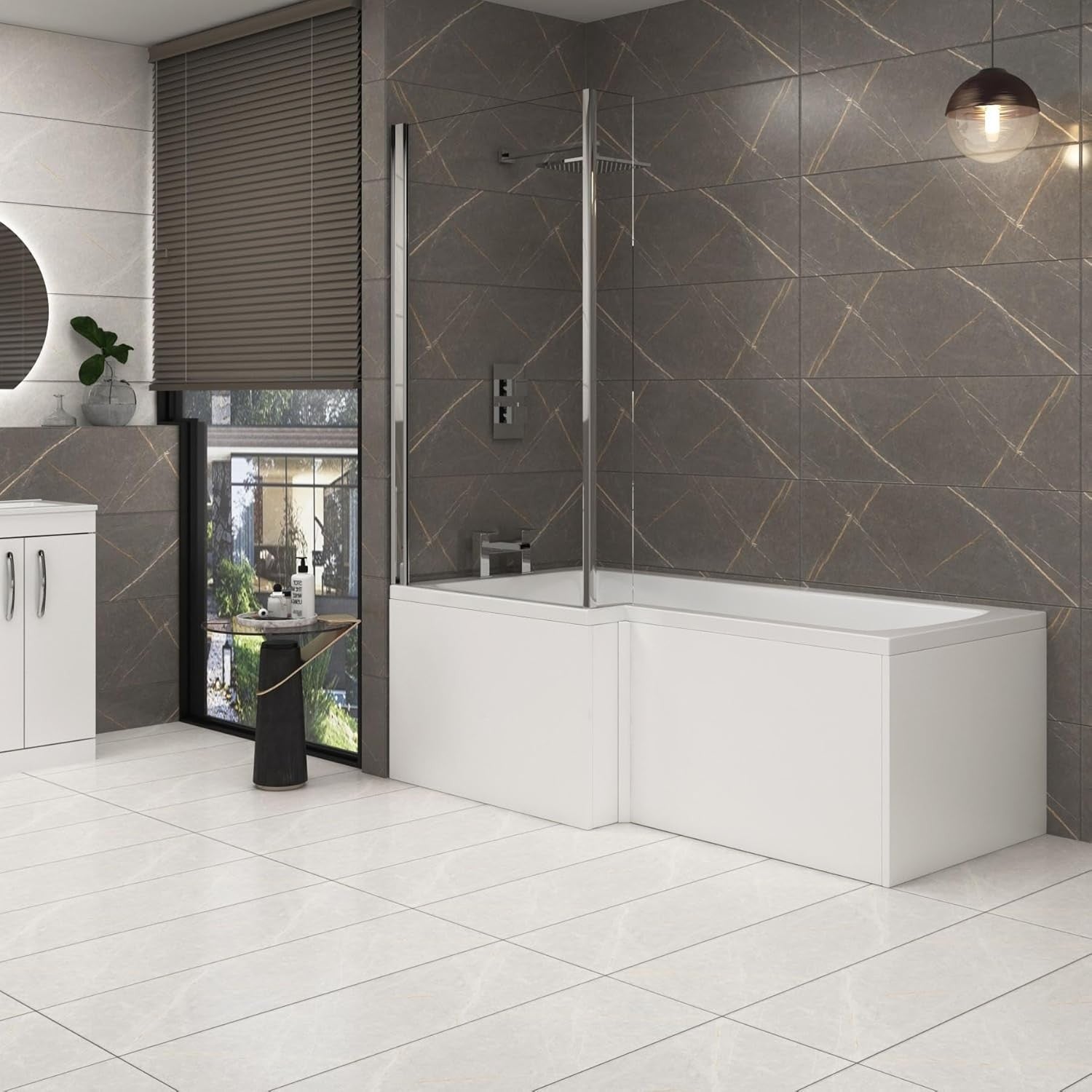 1600x850mm Left-Hand L-Shaped Shower Bath with Glass Shower Screen Acrylic