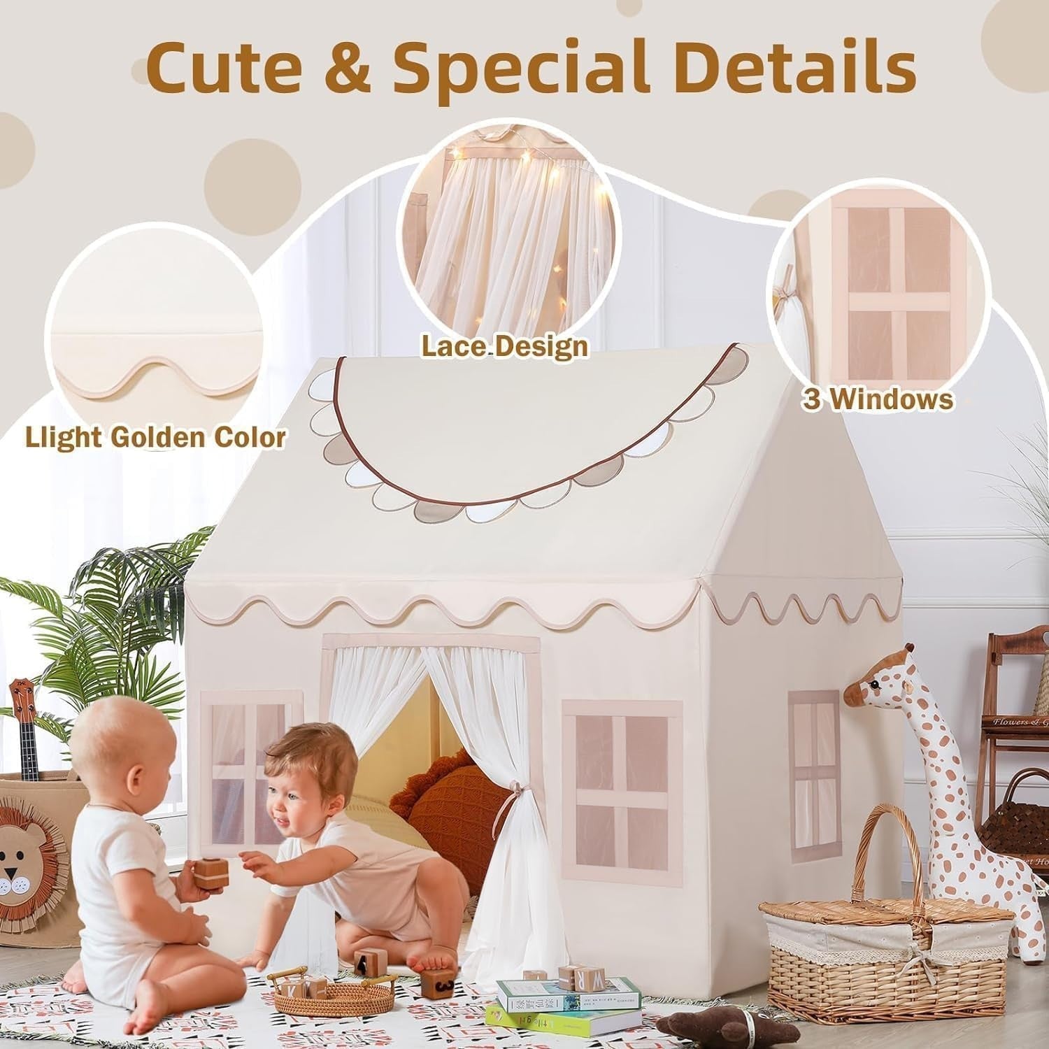 Kids Indoor Play Tent w Lights Banners Windows Large Toddler Playhouse