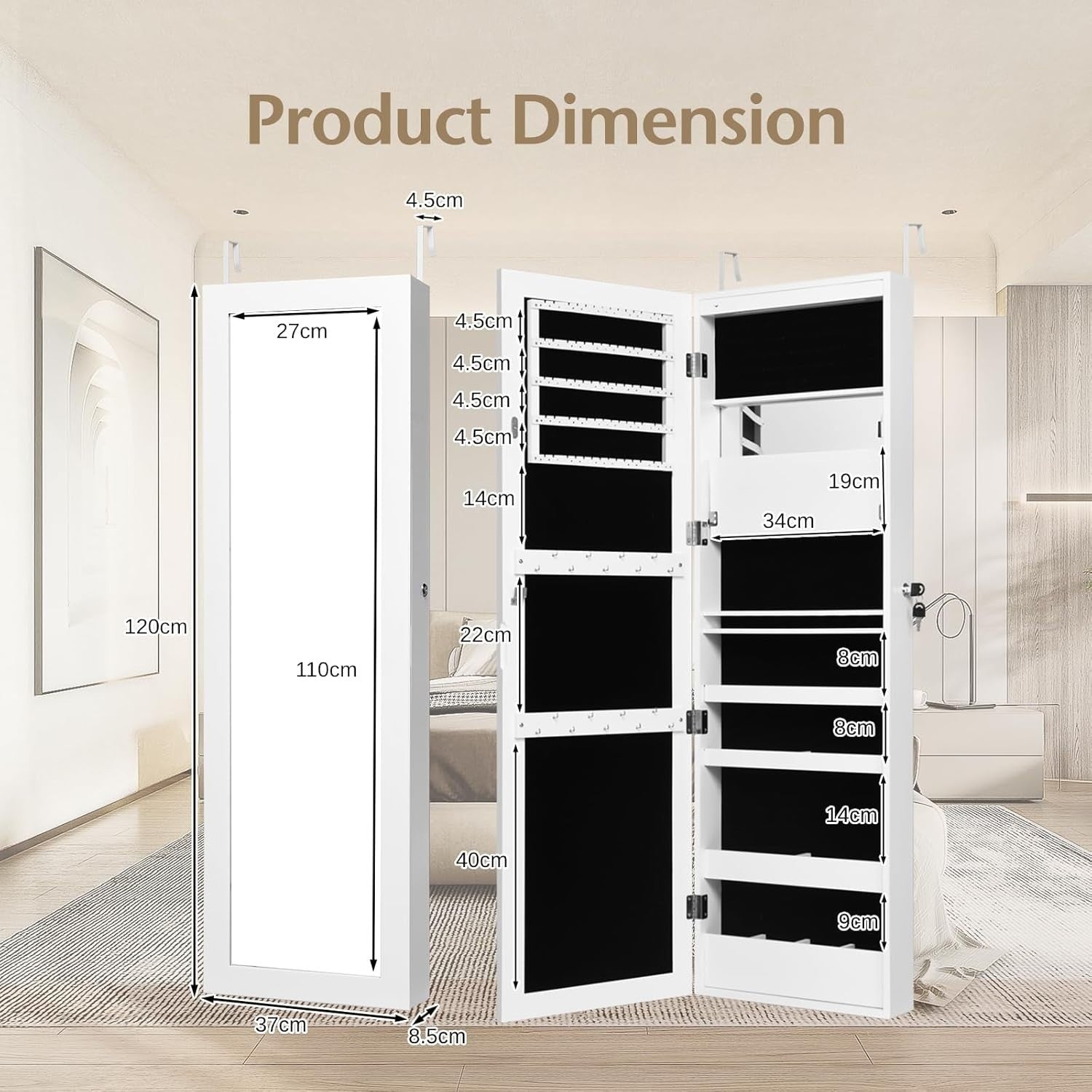 White LED Mirror Jewelry Cabinet Wall or Door Mount Lockable Storage