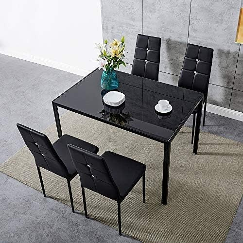 Modern Black Glass 120x80cm Dining Table Set with 4 Faux Leather Chairs
