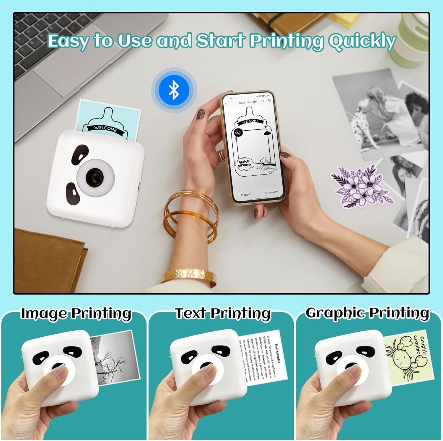 Mini Pocket Thermal Printer Bluetooth Portable Photo Maker White Black