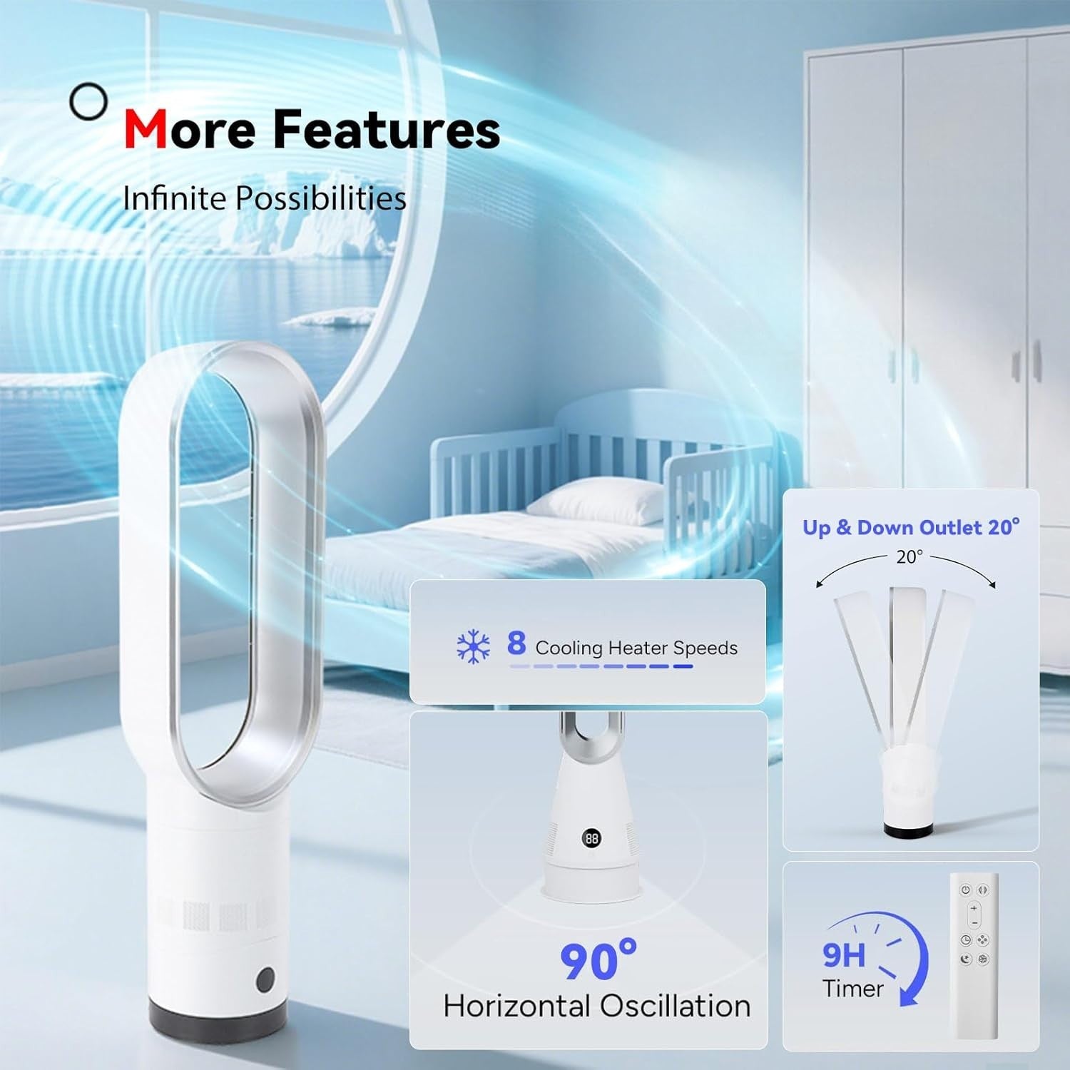56cm Bladeless Tower Fan w/ Air Purifier 8hr Timer 80" Oscillation Remote Silver